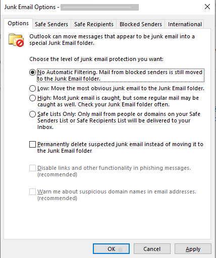 No Automatic Filtering Options in Outlook Junk Email FIlter