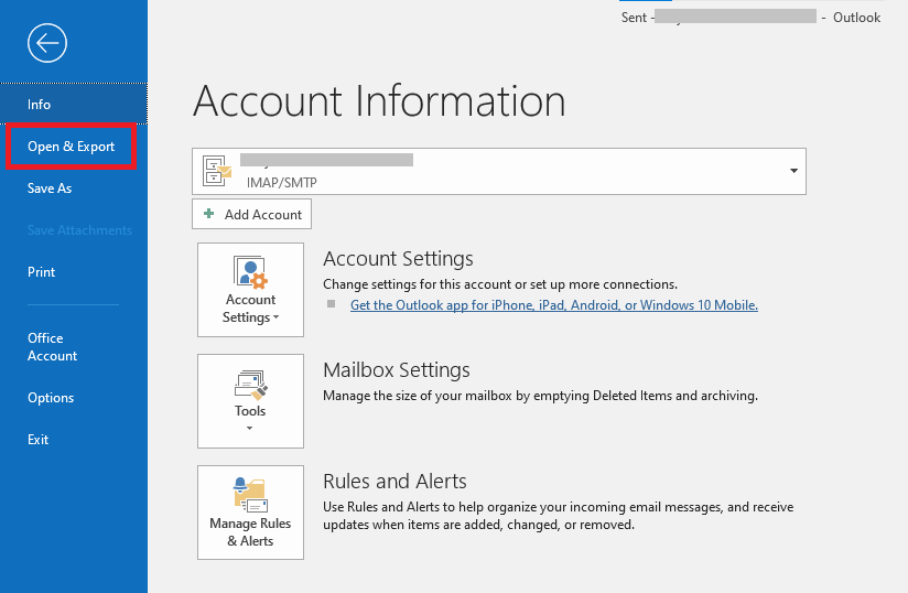 Cliquez sur l'option Ouvrir et exporter pour extraire les adresses e-mail des dossiers de messagerie dans Outlook