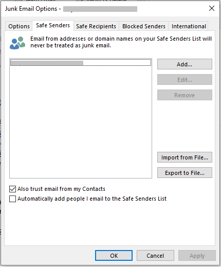 Safe Senders List in Outlook Junk Email FIlter