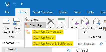 After clicking on Clean Up a drop-down box appears showing Clean up Conversation, Clean up folder, Clean up folder & subfolder.
