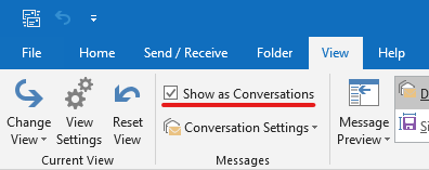  Show as Conversation has been underlined. Uncheck the Show as Conversation box to turn off the conversation view.