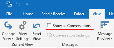 Show as Conversation has been underlined. Check the Show as Conversation box to turn on the conversation view.