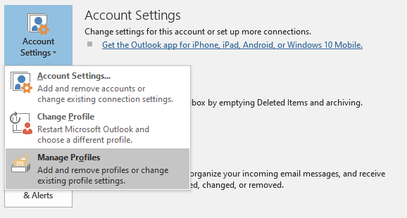 click on account settings and manage profiles to create a new outlook profile
