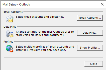 click on show profiles to recreate outlook profile