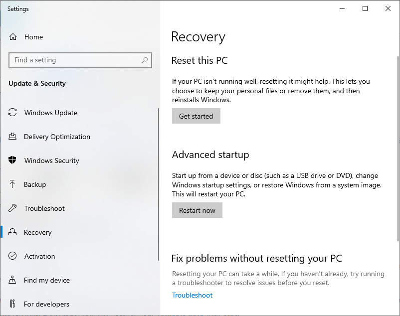 Fix Windows Update Error 0x8000ffff in Windows by resetting the system to Windows 10