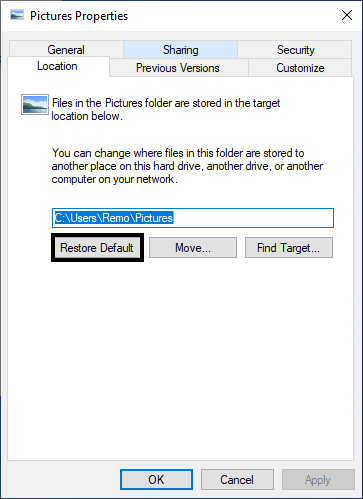 Restore Default  Picture folder Location 