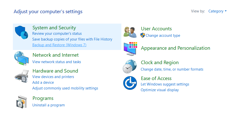 click on the Backup and Restore Windows 7 option to restore the backup files