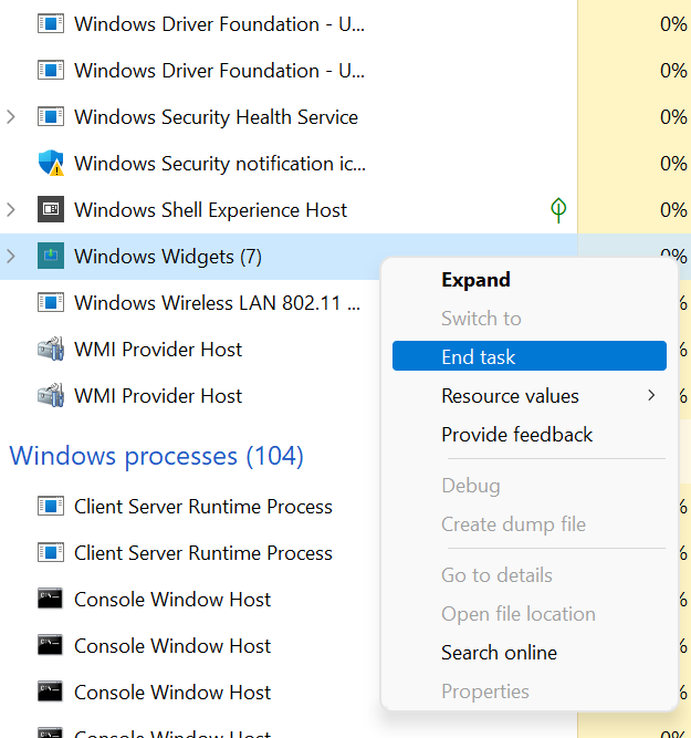 Restart the widgets process to fix windows 11 widgets not working