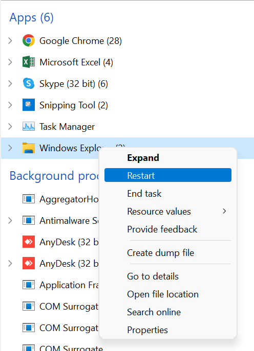 Restart Windows file explorer to fix taskbar not working issue