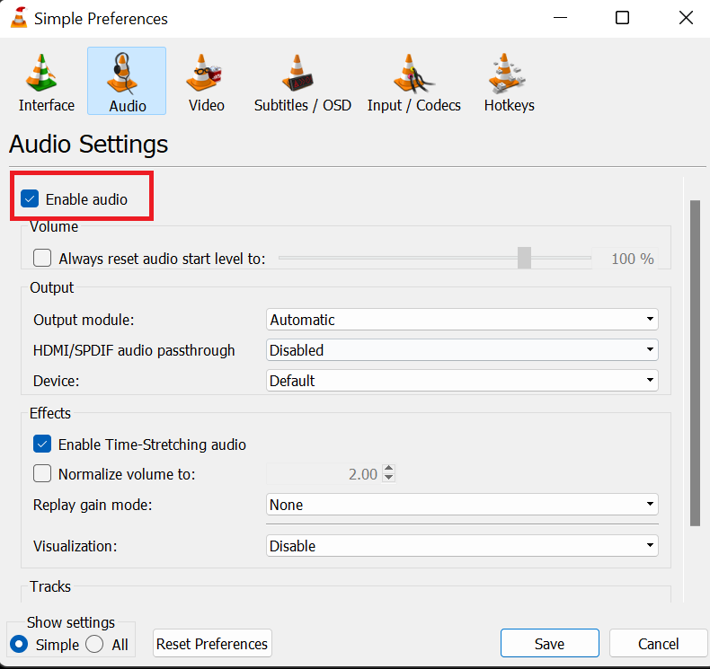 Enable Audio to solve vlc not playing the MKV file