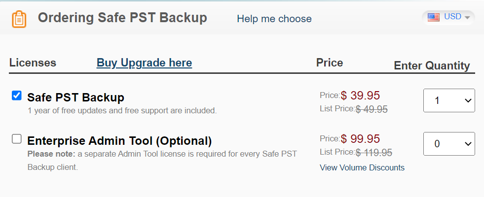 Pricing of SafePST backup tool