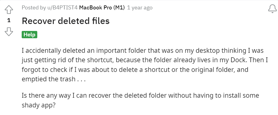 recuperare cartelle o file cancellati dalla domanda dell'utente mac su Reddit