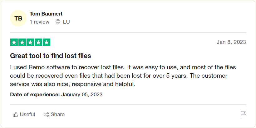 recover lost files using remo product review on trustpilot