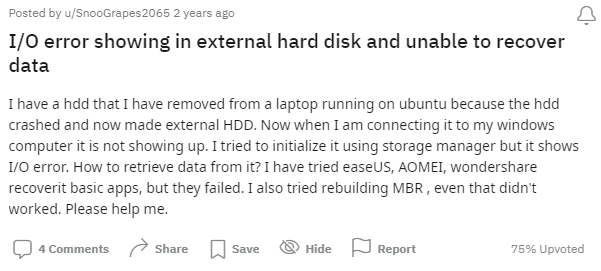 I/O error showing in external hard disk and unable to recover data