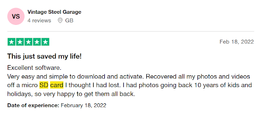 Trustpilot review on Remo Recover for restoring deleted SD card files