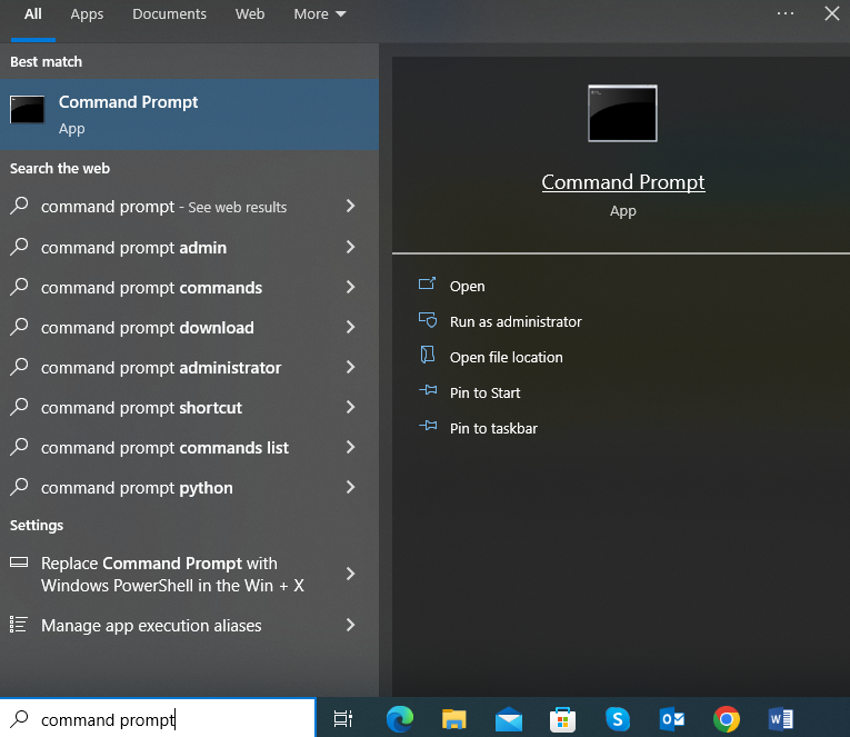 searching for command prompt using search bar on Windows PC