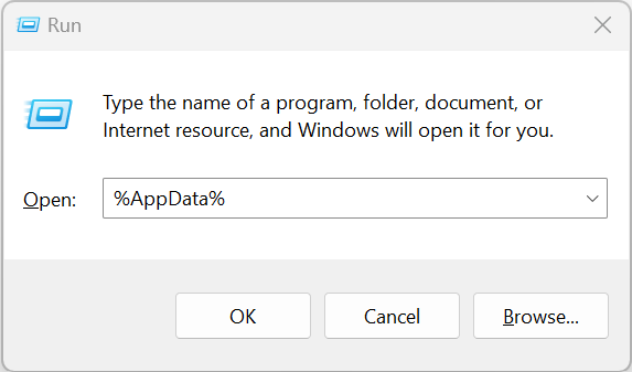 enter appdata in the run command box to open roaming files folder