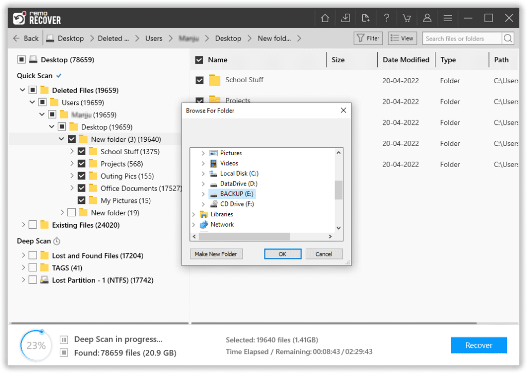 select any location of your choice to save the recovered desktop files