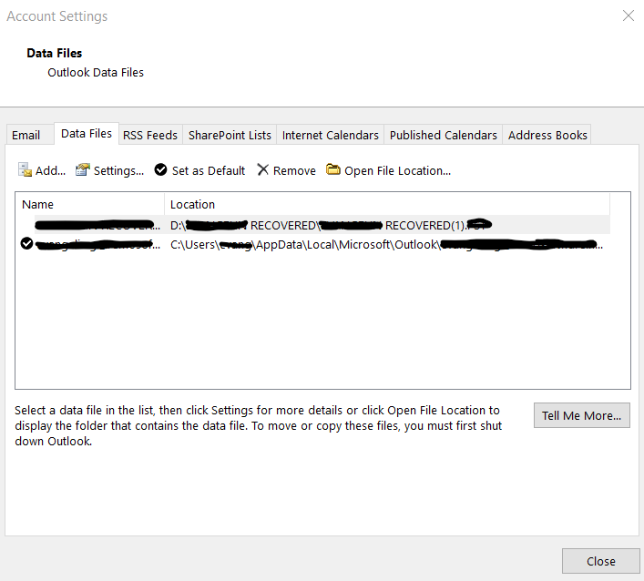 Data-files- choose the Outlook data files