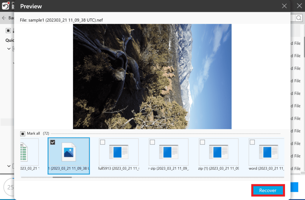 select photos to restore and click on recover