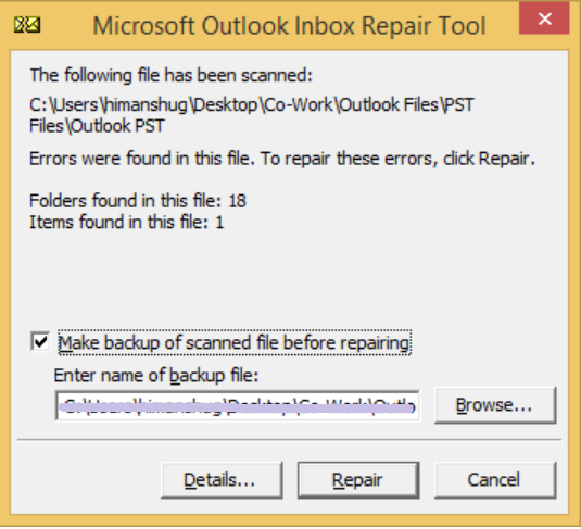 select the pst file and click on the repair