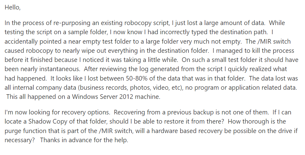 a user query on robocopy/mir command from Microsoft technet forum