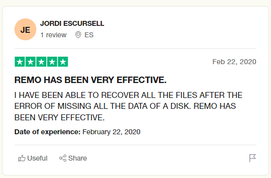 a user's review on how Remo recover has helped them in recovering files from a disk showing windows corrupt folder or directory error on Trustpilot