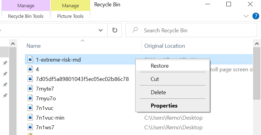 click on restore to recover deleted desktop files from recycle bin