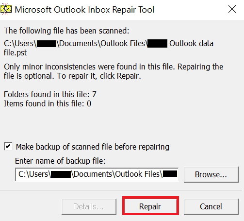 click repair button to repair pst file screenshot