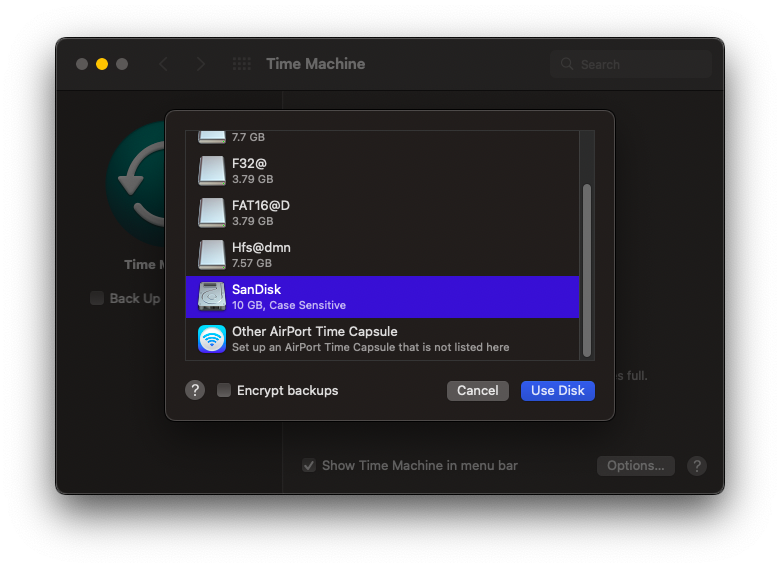 select drive to back up data using time machine on mac