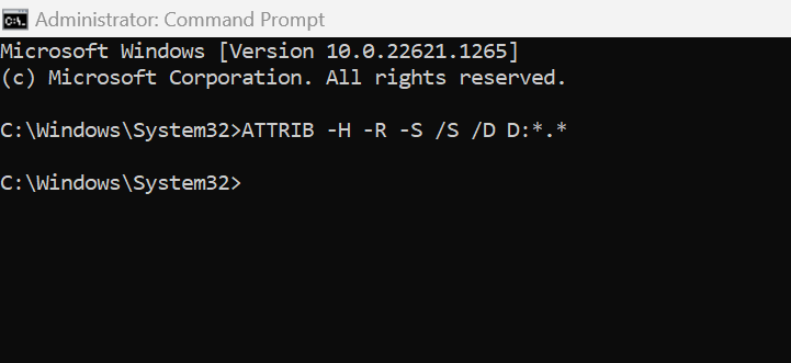 running attrib command in command prompt window