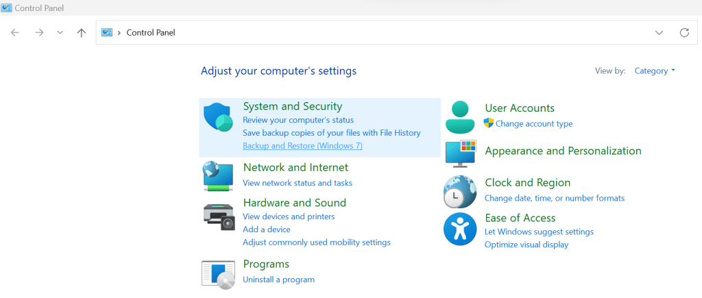 click on backup and restore option under the system and security menu