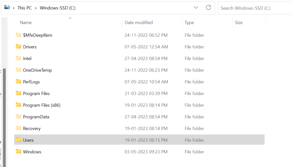 Click on the users folder in the C drive and select your folder