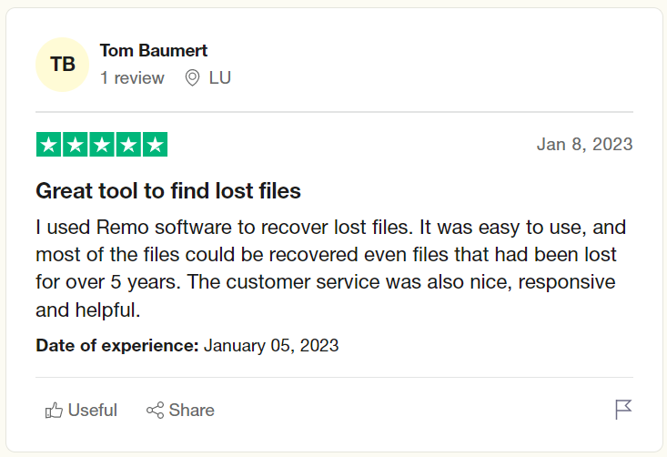 Users review after recovering lost favorite files using Remo Recover on Trustpilot