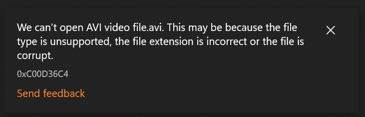 Error message showing up while playing AVI file 
