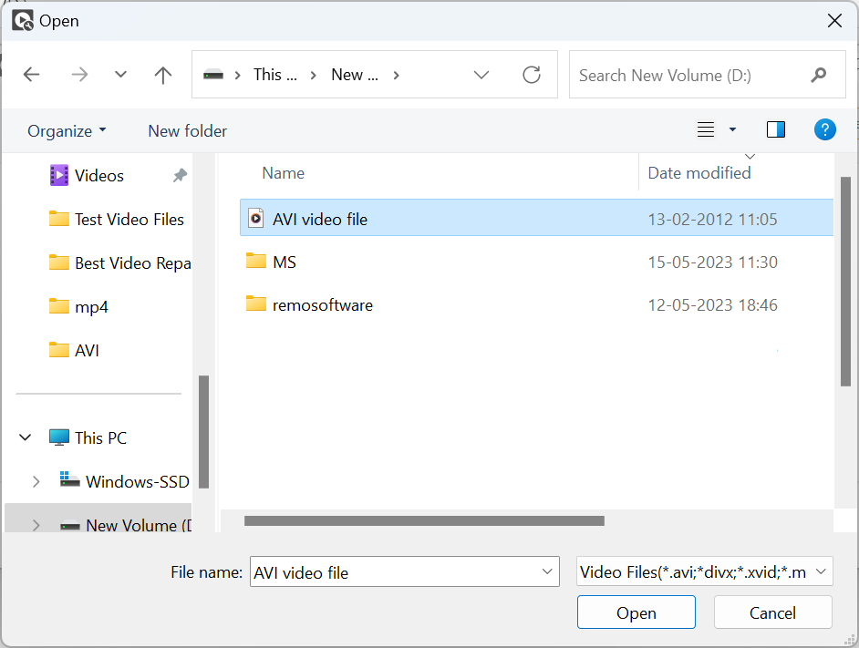 Selected corrupt AVI video file 