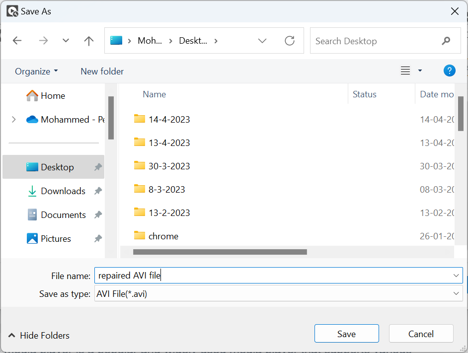 Browse location to save the repaired AVI 