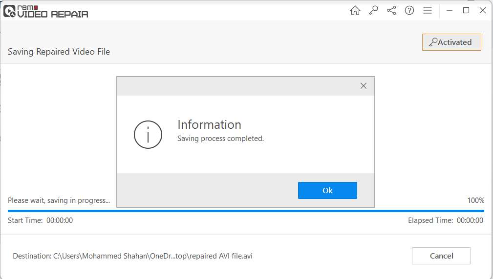 Saved repaired AVI file to laptop 
