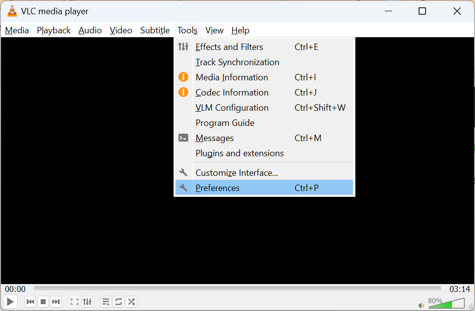 Open Preferences in VLC 