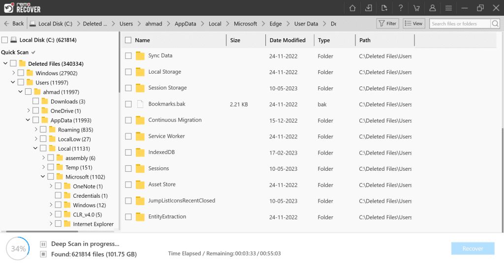 Go to the following location Deleted Files > Users > User Profile > AppData > Local > Microsoft > Edge > User Data > Default > Bookmarks.bak file to find the recovered favorite file