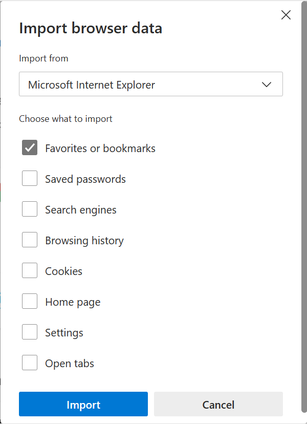 Select the Favorites or bookmarks option and click on the Import button