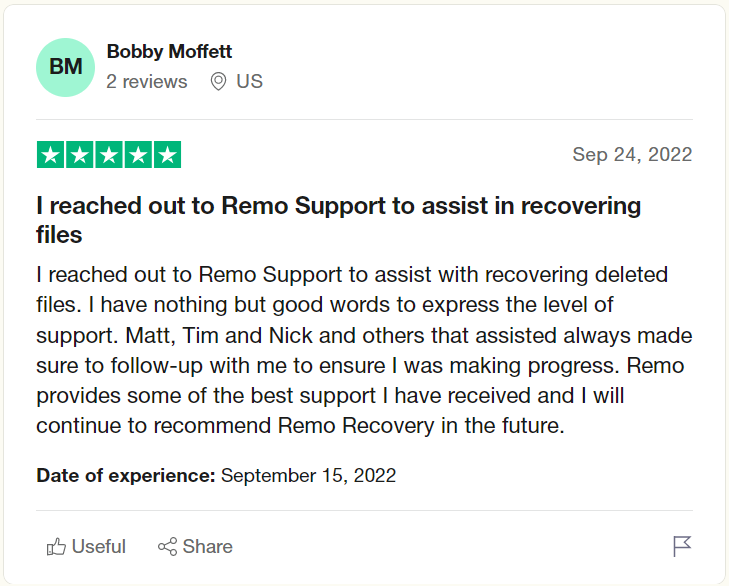 user review on Trustpilot after recovering mig files