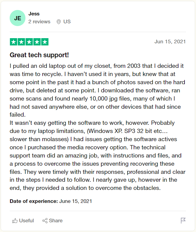 user review on trustpilot after recovering deleted files from Windows XP