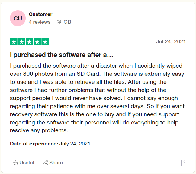 user review on Trustpilot after recovering deleted DIR files from SD card