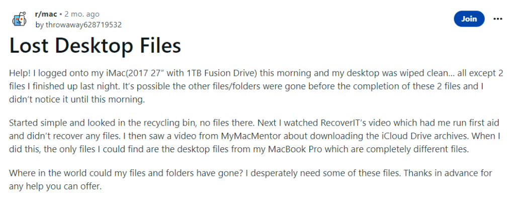 user query about recover lost desktop files from mac on reddit