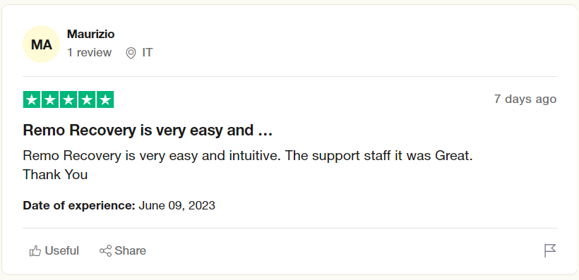 user review on trustpilot after recovering deleted files on Windows 7