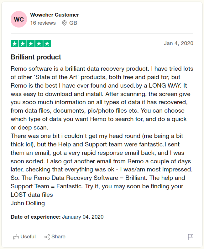 Remo mac file recovery software review on trustpilot after recovering disappeared documents folder on Mac.