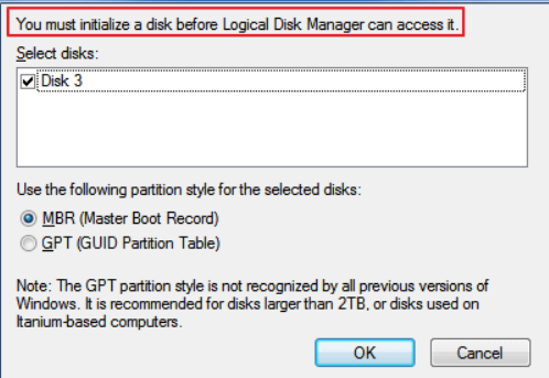 Initialize disk error