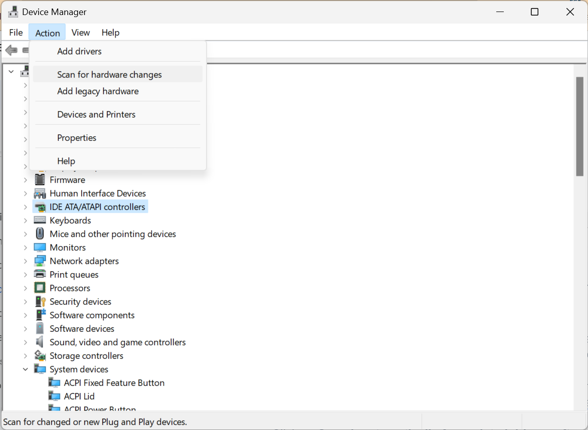 Select Scan for Hardware changes