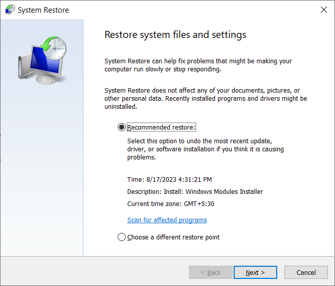 click on next on restore system files and settings